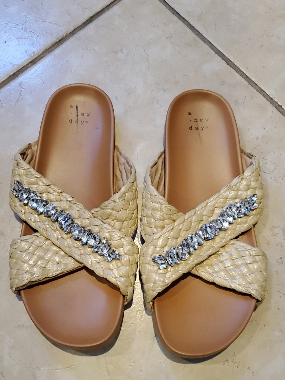 A New Day Beige Braided Weave Slide Sandals with Rhinestone Detail